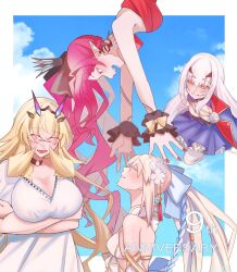 4girls baobhan_sith_(exhibition_attire)_(fate) baobhan_sith_(fate) bare_shoulders barghest_(dream_portrait)_(fate) barghest_(fate) bikini blonde_hair blue_dress blush breasts cleavage closed_eyes crown detached_sleeves dress earrings fang fate/grand_order fate_(series) frilled_dress frills grey_eyes hair_ribbon highres jewelry large_breasts looking_up mabotofu_maki melusine_(fate) melusine_(second_ascension)_(fate) morgan_le_fay_(fate) morgan_le_fay_(water_princess)_(fate) mother_and_daughter multiple_girls open_mouth pink_hair ponytail reaching_towards_another red_dress red_nails ribbon side_ponytail sidelocks smile swimsuit upper_body upside-down white_bikini white_dress white_hair wrist_cuffs yellow_eyes