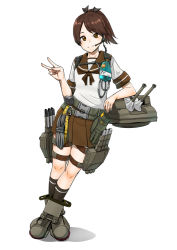 Rule 34 | 1girl, adapted costume, black socks, brown eyes, brown hair, brown sailor collar, brown skirt, commentary request, full body, headset, kantai collection, kneehighs, leaning to the side, looking at viewer, machinery, microphone, ponytail, sailor collar, school uniform, serafuku, shikinami (kancolle), short hair, simple background, skirt, socks, solo, standing, torpedo launcher, white background, yoohei (pizzadev)