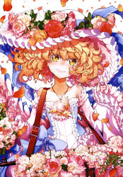 Rule 34 | 1girl, absurdres, alternate costume, blonde hair, blue bow, blue ribbon, bow, buckle, closed mouth, collarbone, detached sleeves, dress, flower, hat, hat flower, hat ribbon, head tilt, highres, jewelry, long hair, long sleeves, looking at viewer, pendant, petals, pink flower, red flower, ribbon, smile, solo, strapless, strapless dress, sun hat, tanya degurechaff, white hat, white sleeves, wide sleeves, yellow eyes, yellow flower, youjo senki