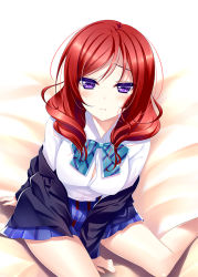 Rule 34 | 10s, 1girl, bad id, bad pixiv id, blazer, blue eyes, blue skirt, blush, bow, bowtie, dress shirt, frown, jacket, long hair, long sleeves, looking at viewer, love live!, love live! school idol project, nishikino maki, off shoulder, open jacket, open clothes, open jacket, red hair, school uniform, shirt, sitting, skirt, solo, white shirt, zinno