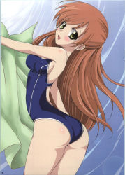 Rule 34 | 1girl, ass, breasts, brown hair, code geass, competition swimsuit, female focus, gradient background, highres, long hair, looking at viewer, one-piece swimsuit, scan, shirley fenette, smile, solo, swimsuit, yellow eyes