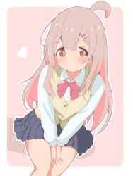 Rule 34 | 1girl, ahoge, alternate costume, bare legs, between legs, black skirt, blush, border, bow, bowtie, brown eyes, commentary, double-parted bangs, frown, genderswap, genderswap (mtf), hair between eyes, hair ornament, hairclip, hand between legs, heart, long hair, long sleeves, looking at viewer, onii-chan wa oshimai!, outline, outside border, oyama mahiro, pink background, pink hair, pleated skirt, red bow, red bowtie, school uniform, shirt, simple background, skirt, solo, unkimo, v arms, vest, white border, white outline, white shirt, wing collar, yellow vest
