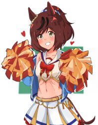 Rule 34 | 1girl, absurdres, animal ears, belt, blue jacket, blush, bow, brown eyes, chain, commentary request, cowboy shot, cropped jacket, cropped shirt, ear ornament, gold chain, hand on own hip, heart, highres, holding, holding pom poms, horse ears, horse girl, horse tail, jacket, laosburger, looking at viewer, midriff, multicolored hair, navel, nice nature (run&amp;win) (umamusume), nice nature (umamusume), official alternate costume, official alternate hairstyle, open clothes, open jacket, open mouth, orange belt, pleated skirt, pom pom (cheerleading), pom poms, ponytail, red bow, red hair, sailor collar, shirt, short hair, simple background, skirt, sleeveless, sleeveless shirt, smile, solo, streaked hair, tail, thai commentary, umamusume, white background, white shirt, white skirt