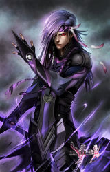 Rule 34 | 10s, 1boy, absurdres, armor, bodysuit, caius ballad, copyright name, feathers, final fantasy, final fantasy xiii, final fantasy xiii-2, glowing, glowing eyes, headband, highres, logo, long hair, male focus, ninjatic, purple hair, realistic, red eyes, solo, sword, weapon
