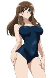 Rule 34 | 1girl, absurdres, blue one-piece swimsuit, breasts, brooklyn, brown hair, collarbone, competition school swimsuit, contrapposto, cowboy shot, hibike! euphonium, highres, kuroe mayu, large breasts, long hair, looking at viewer, ojin, one-piece swimsuit, school swimsuit, simple background, solo, swimsuit, white background