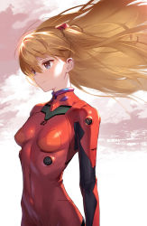 Rule 34 | 1girl, blue eyes, bodysuit, breasts, brown hair, closed mouth, commentary request, covered erect nipples, cowboy shot, floating hair, hair between eyes, highres, interface headset, long hair, medium breasts, neon genesis evangelion, partial commentary, plugsuit, red bodysuit, signature, siino, smile, solo, souryuu asuka langley, standing