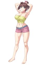 Rule 34 | 1girl, adjusting hair, armpits, arms up, bare legs, barefoot, belt, blue eyes, breasts, brown hair, choker, full body, grey belt, highres, large breasts, looking at viewer, mazaki anzu, midriff, ozaneko, pink choker, pink shorts, ponytail, shadow, shirt, shorts, simple background, smile, solo, standing, strapless, tube top, white background, yellow shirt, yu-gi-oh!, yu-gi-oh! duel monsters, yu-gi-oh! the dark side of dimensions