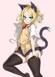 Rule 34 | + +, 1girl, animal ears, asanagi, black skirt, black thighhighs, blonde hair, blush, breasts, cat ears, cat tail, elin, from above, green eyes, highres, looking at viewer, looking up, lying, miniskirt, neckerchief, on side, open mouth, parted bangs, pink background, pleated skirt, red neckerchief, school uniform, shirt, short eyebrows, short hair, short sleeves, short twintails, simple background, skindentation, skirt, small breasts, solo, sweater vest, symbol-shaped pupils, tail, tera online, thick thighs, thighhighs, thighs, twintails, white shirt