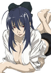 00s 1girl barefoot black_hair breasts cleavage female_focus hair_ribbon hamutz_meseta kyabakurabakufu large_breasts long_hair red_eyes ribbon solo tatakau_shisho