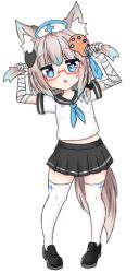 Rule 34 | 1girl, animal ear fluff, animal ears, bailingxiao jiu, bandaged arm, bandaged hand, bandages, black footwear, black sailor collar, black skirt, blue eyes, blue hair, blue neckerchief, blush, brown hair, bunching hair, full body, glasses, gradient hair, hair ornament, hat, heart, heart-shaped pupils, leaning to the side, loafers, multicolored hair, neckerchief, nurse cap, original, parted lips, pigeon-toed, pleated skirt, red-framed eyewear, sailor collar, school uniform, semi-rimless eyewear, serafuku, shirt, shoes, simple background, skirt, solo, standing, symbol-shaped pupils, tail, thighhighs, two side up, under-rim eyewear, white background, white hat, white shirt, white thighhighs