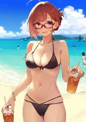Rule 34 | 1girl, 92m, ahoge, beach, bikini, black bikini, blue sky, bracelet, breasts, cloud, commentary request, cup, day, drink, folded ponytail, glasses, highres, holding, holding cup, jewelry, kinshi no ane (92m), looking at viewer, medium breasts, navel, ocean, original, outdoors, red-framed eyewear, red eyes, red hair, sand, short hair, sky, solo focus, swimsuit