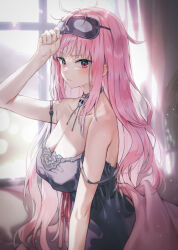 Rule 34 | 1girl, bare arms, bare shoulders, black chemise, blanket, breasts, chemise, choker, cleavage, highres, hololive, hololive english, huwari (dnwls3010), large breasts, long hair, looking at viewer, messy hair, mori calliope, mori calliope (sleepwear), pink hair, pout, purple choker, raised eyebrow, red eyes, sleep mask, sleeveless, solo, strap slip, upper body, virtual youtuber