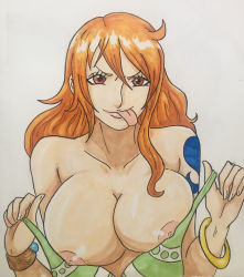 Rule 34 | 1girl, absurdres, breasts, brown eyes, cleavage, highres, large breasts, nami (one piece), nipples, one piece, orange hair, solo, tongue, tongue out, upper body