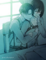 Rule 34 | 1boy, 1girl, backlighting, bad id, bad pixiv id, blush, grabbing another&#039;s breast, breasts, brown hair, closed eyes, collarbone, collared shirt, couple, dress shirt, grabbing, grabbing from behind, grey shirt, hair between eyes, indoors, levi (shingeki no kyojin), long sleeves, mikasa ackerman, open clothes, open shirt, sakuragawanaa, shingeki no kyojin, shirt, short hair, sitting, sitting on lap, sitting on person, small breasts, tears, twitter username, unbuttoned, unbuttoned shirt, wing collar