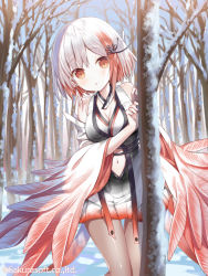 Rule 34 | 1girl, bare shoulders, bare tree, blush, breasts, cleavage, clothing cutout, commentary request, copyright request, day, detached sleeves, dress, feather-trimmed sleeves, hair ornament, long sleeves, looking at viewer, medium breasts, multicolored hair, navel, navel cutout, outdoors, parted lips, peeking out, red eyes, red hair, silver hair, sleeveless, sleeveless dress, snow, solo, standing, streaked hair, tree, watermark, white sleeves, wide sleeves, yuuki rika