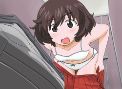 Rule 34 | 10s, 1girl, akiyama yukari, blush, bow, bow panties, bra, brown eyes, brown hair, clothes pull, embarrassed, girls und panzer, leaning forward, looking at viewer, messy hair, minipat (sketch wall), miniskirt, navel, no shirt, open clothes, open mouth, open skirt, panties, pleated skirt, red skirt, saunders school uniform, school uniform, short hair, skirt, skirt pull, solo, sports bra, standing, toilet, toilet stall, underwear, white bra, white panties