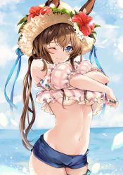 Rule 34 | 1girl, amiya (arknights), animal ears, arknights, bare shoulders, blue eyes, blue shorts, breasts, brown hair, cloud, commentary request, cowboy shot, day, detached sleeves, ears through headwear, flower, hat, hat flower, hibiscus, highres, jewelry, long hair, looking at viewer, medium breasts, midriff, multiple rings, navel, ocean, official alternate costume, one eye closed, outdoors, plaid, pussy, pussy peek, rabbit ears, ring, shirt, short shorts, shorts, sky, smile, solo, soraneko hino, stomach, straw hat, underboob, white shirt