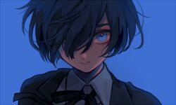 Rule 34 | 1boy, 382, aged down, black hair, black ribbon, black suit, blue background, blue eyes, child, closed mouth, collared shirt, formal, hair over one eye, looking at viewer, male focus, persona, persona 3, ribbon, shirt, solo, suit, white shirt, yuuki makoto (persona 3)