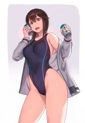 Rule 34 | 1girl, alternate costume, blush, breasts, brown eyes, brown hair, can, can to cheek, collarbone, commentary request, competition swimsuit, covered navel, cowboy shot, groin, hayasui (kancolle), highleg, highleg swimsuit, highres, holding, holding can, jacket, kantai collection, long hair, long sleeves, looking at viewer, medium breasts, off shoulder, one-piece swimsuit, open mouth, simple background, smile, solo, standing, swimsuit, yuuji (and)