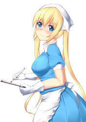 Rule 34 | 1girl, apron, blend s, blonde hair, blue eyes, blush, breasts, devil (stepdevils), gloves, hair between eyes, head scarf, hinata kaho, large breasts, long hair, looking at viewer, pen, short sleeves, solo, stile uniform, twintails, very long hair, waitress, white background, white gloves, writing