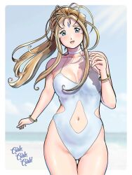 Rule 34 | 1girl, aa megami-sama, antenna hair, aqua eyes, beach, belldandy, blonde hair, blurry, blurry background, bracelet, breasts, clothing cutout, collarbone, facial mark, highres, jewelry, kenken28937178, long hair, looking at viewer, medium breasts, navel, navel cutout, ocean, one-piece swimsuit, open mouth, outdoors, side cutout, signature, sky, solo, sunlight, swimsuit, white one-piece swimsuit