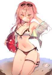 Rule 34 | 1girl, absurdres, arm up, ball, beachball, bikini, breasts, cameltoe, choker, cleavage, cropped jacket, eyewear on head, girls&#039; frontline, green eyes, hair between eyes, halterneck, hand in own hair, highres, jacket, kneeling, long hair, looking at viewer, medium breasts, navel, non-web source, off shoulder, official alternate costume, open clothes, open jacket, pink hair, r93 (girls&#039; frontline), r93 (holiday lucky star) (girls&#039; frontline), sandals, scan, seashell, shell, side-tie bikini bottom, side ponytail, sidelocks, simple background, solo, soukou makura, sunglasses, swimsuit, thigh strap, white background