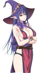 Rule 34 | 1girl, blue hair, breasts, cleavage, crossed arms, detached collar, dungeon of regalias: haitoku no miyako ishgalia, elf, game cg, hat, large breasts, legs, long hair, looking at viewer, m&amp;m, original, panties, pointy ears, simple background, solo, standing, thighs, underwear, white background, witch hat, yellow eyes