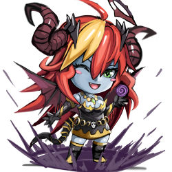 Rule 34 | 1girl, ;d, blue skin, blush stickers, boots, chibi, colored skin, demon girl, demon horns, dress, fang, green eyes, hera (p&amp;d), horns, itou youichi, lowres, magic, monster girl, one eye closed, open mouth, puzzle &amp; dragons, short hair, smile, tail, wings, wink