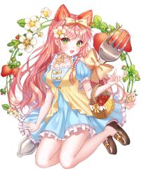 1girl :d absurdres aina_156cm basket blue_dress bow choker dress flower food food-themed_hair_ornament fork frills fruit green_eyes hair_ornament highres huge_filesize long_hair no_socks open_mouth original pink_hair pink_theme smile strawberry strawberry_hair_ornament