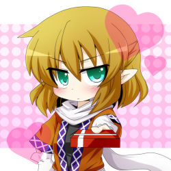 Rule 34 | 1girl, :&lt;, bad id, bad pixiv id, blonde hair, blush, chibi, dress, female focus, gift, green eyes, heart, incoming gift, kiman, mizuhashi parsee, open mouth, pointy ears, scarf, solo, touhou, valentine, white scarf