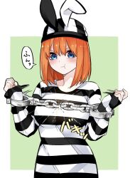 Rule 34 | 1girl, :t, alternate costume, animal ear headwear, animal ears, blue eyes, blush, border, breasts, broken, broken chain, chain, clenched hands, closed mouth, collarbone, cuffs, double-parted bangs, fake animal ears, go-toubun no hanayome, green background, hair between eyes, handcuffs, hands up, highres, large breasts, looking down, mame1645, medium hair, nakano yotsuba, orange hair, prison clothes, rabbit ears, shirt, simple background, sleeves past wrists, solo, sound effects, speech bubble, standing, straight hair, striped clothes, striped shirt, translated, upper body, v-shaped eyebrows, w arms, white border