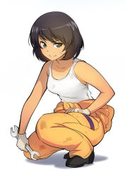 Rule 34 | 10s, 1girl, black footwear, black hair, closed mouth, clothes pull, dark-skinned female, dark skin, dirty, dirty clothes, full body, girls und panzer, gloves, green eyes, hoshino (girls und panzer), jumpsuit, kneeling, long sleeves, looking at viewer, mechanic, orange jumpsuit, overalls, shirt, shirt pull, shoes, short hair, simple background, smile, solo, tank top, tied shirt, twinpoo, white background, white gloves, white shirt, wrench