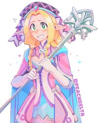 Rule 34 | artist name, blonde hair, cape, cosplay, dress, dungeon meshi, elf, gloves, green eyes, hat, highres, holding, holding staff, marcille donato, melia antiqua, melia antiqua (cosplay), nervous, nervous smile, peachdelta, pointy ears, simple background, smile, sparkle, staff, sweatdrop, teeth, white background, xenoblade chronicles (series), xenoblade chronicles 1