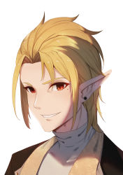 Rule 34 | 1boy, absurdres, blonde hair, commentary request, copyright request, earrings, elach, elf, grin, highres, jewelry, looking at viewer, male focus, medium hair, mole, mole under eye, pointy ears, portrait, simple background, smile, white background