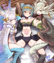 Rule 34 | 3girls, ancient world harpy (granblue fantasy), bird legs, bird nest, black feathers, black wings, blue feathers, blue hair, blush, breasts, brown eyes, center opening, claws, commission, elil (granblue fantasy), fang, feathers, granblue fantasy, green eyes, green feathers, harigane shinshi, harpy, head wings, heart, heart tattoo, highres, horns, indie virtual youtuber, large breasts, lincoro, long hair, looking at viewer, medium breasts, midriff, monster girl, multiple girls, navel, open mouth, red eyes, short hair, short shorts, short twintails, shorts, skeb commission, small breasts, spread legs, stomach tattoo, tattoo, tiara, twintails, virtual youtuber, white hair, white wings, winged arms, wings