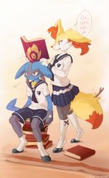 Rule 34 | 1boy, 1girl, :3, ancesra, animal ear fluff, animal ears, animal nose, annoyed, black footwear, black fur, blue fur, blue neckerchief, blue sailor collar, blue shorts, blue skirt, blush, body fur, book, book stack, braixen, closed mouth, creatures (company), ears down, english text, fang, fox ears, fox girl, fox tail, furry, game freak, gen 4 pokemon, gen 6 pokemon, happy, highres, indoors, kneehighs, light blush, lucario, miniskirt, motion lines, musical note, neckerchief, nintendo, open book, open mouth, pleated skirt, pokemon, pokemon (creature), red eyes, sailor collar, school uniform, shirt, shoes, short sleeves, shorts, sideways mouth, sitting, sitting on object, sketch, skirt, smile, snout, socks, speech bubble, spoken musical note, standing, stick, sweat, tail, talking, v-shaped eyebrows, wavy mouth, white fur, white shirt, white socks, wolf boy, wolf ears, wolf tail, yellow fur