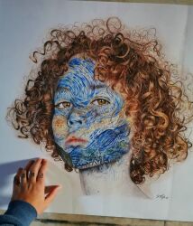 Rule 34 | 1girl, artist&#039;s hand in frame, brown eyes, brown hair, closed mouth, colored pencil (medium), commentary, cropped head, curly hair, english commentary, expressionless, fine art parody, highres, looking at viewer, medium hair, parody, photo-referenced, photo (medium), photorealistic, portrait, realistic, signature, simone mulas, solo, starry night (van gogh), traditional media