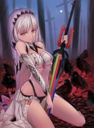 Rule 34 | 1girl, altera (fate), bare shoulders, breasts, dark skin, dark-skinned female, detached sleeves, duplicate, fate/grand order, fate (series), long hair, looking at viewer, md5 mismatch, midriff, navel, photon ray (fate), red eyes, sitting, smile, solo, sword, tsuki suigetsu, underboob, veil, weapon, white hair