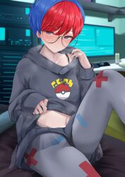 Rule 34 | 1girl, blue hair, blush, closed mouth, clothes lift, commentary request, creatures (company), desk, everchix, game freak, glasses, grey eyes, grey pantyhose, highres, hood, hoodie, hoodie lift, hoodie tug, indoors, lifted by self, long sleeves, looking at viewer, monitor, navel, nintendo, pantyhose, penny (pokemon), poke ball print, pokemon, pokemon sv, print pantyhose, red hair, round eyewear, see-through, see-through skirt, short hair, shorts, sitting, skirt, solo, steam, sweat