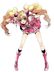 00s 1girl blonde_hair boots bow brown_eyes cure_peach drill_hair earrings female_focus fresh_precure! hair_ornament heart heart_hair_ornament jewelry knee_boots legs momozono_love nakagawa_waka pink_bow pink_footwear precure skirt solo twintails