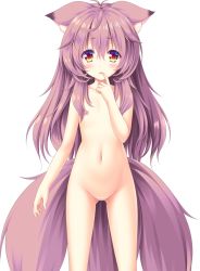Rule 34 | 1girl, :o, animal ear fluff, animal ears, blush, censored, completely nude, finger to mouth, flat chest, fox ears, fox girl, fox tail, long hair, looking at viewer, madoi shiroki no kamikakushi, moekibara fumitake, mosaic censoring, multiple tails, navel, nipples, nude, official art, photoshop (medium), purple hair, pussy, solo, tail, tooki roka, transparent background, yellow eyes