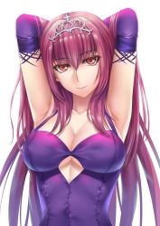 Rule 34 | 1girl, alternate costume, armpits, arms behind head, breasts, cleavage, clothing cutout, collarbone, dress, elbow gloves, fate/grand order, fate (series), gloves, hair between eyes, heroic spirit formal dress, highres, large breasts, long hair, looking at viewer, purple dress, purple gloves, purple hair, red eyes, sakuya (liao kj), scathach (fate), scathach (formal dress) (fate), simple background, sleeveless, sleeveless dress, smile, solo, tiara, underboob, underboob cutout, upper body, very long hair, white background