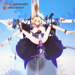 Rule 34 | 1girl, animated, animated gif, artist name, bell, belt, blazblue, blonde hair, blood, blue background, blue eyes, bouncing breasts, breasts, chain, chained, crucifixion, dress, es (xblaze), frilled dress, frilled skirt, frills, gears, hair between eyes, lactation, large breasts, lock, looping animation, nail, nipples, nosebleed, object insertion, open clothes, open mouth, ponytail, pussy juice, restrained, sex machine, skirt, solo, stationary restraints, vaginal, vaginal object insertion, wawa (lingomogu), xblaze