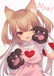 Rule 34 | 1girl, ;d, animal ear fluff, animal ears, animal hands, apron, bandaged arm, bandages, brown gloves, brown hair, cat ears, collared shirt, fang, gloves, hair between eyes, head tilt, heart, kemonomimi mode, long hair, natori sana, one eye closed, open mouth, paw gloves, pink apron, pink background, puffy short sleeves, puffy sleeves, red eyes, romaji text, sana channel, shirt, short sleeves, simple background, smile, solo, two side up, very long hair, virtual youtuber, white shirt, zumi tiri