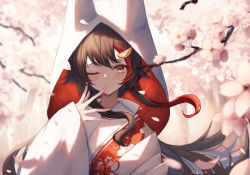 Rule 34 | 1girl, absurdres, brown hair, closed mouth, fingernails, floral print, flower, hair ornament, highres, hololive, hololive gamers, hood, inre kemomimi, japanese clothes, kimono, long hair, looking at viewer, one eye closed, ookami mio, orange eyes, petals, smile, solo, tail, traditional clothes, uchikake, upper body, virtual youtuber, wolf girl, wolf tail