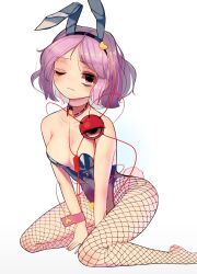 Rule 34 | 1girl, absurdres, animal ears, black hairband, black leotard, breasts, cleavage, closed mouth, detached collar, fishnet pantyhose, fishnets, full body, hairband, heart, highleg, highleg leotard, highres, housulu, komeiji satori, leotard, looking at viewer, medium breasts, no shoes, pantyhose, pink eyes, pink hair, rabbit ears, seiza, short hair, simple background, sitting, solo, third eye, touhou, white background