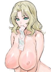 Rule 34 | 1girl, blonde hair, breasts, character request, check character, check copyright, closed mouth, condom, condom in mouth, condom packet strip, condom wrapper, copyright request, girls und panzer, green eyes, highres, kay (girls und panzer), kuppipi ramutarou, large areolae, large breasts, long hair, looking at viewer, mouth hold, nipples, nude, simple background, solo, white background