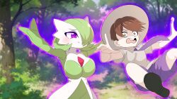 Rule 34 | 1boy, 1girl, age difference, armpits, arms up, aura, black footwear, blurry, blurry background, blush, bob cut, breasts, brown hair, closed mouth, collarbone, collared shirt, colored skin, constricted pupils, cowboy shot, creatures (company), day, floating, florian (pokemon), forest, game freak, gardevoir, gen 3 pokemon, glowing, glowing eyes, grapeanime, green hair, green skin, grey hat, grey shirt, hair over one eye, happy, hat, large breasts, looking at another, multicolored skin, nature, necktie, nintendo, one eye covered, open mouth, outdoors, outstretched arms, pokemon, pokemon (creature), pokemon sv, purple eyes, purple necktie, purple outline, purple shorts, school uniform, shirt, shoes, short hair, short sleeves, shorts, smile, spread arms, standing, teeth, telekinesis, tree, two-tone skin, wavy mouth, white skin, wide-eyed, yellow eyes