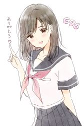 Rule 34 | 1girl, :d, bad id, bad pixiv id, black sailor collar, black skirt, blush, brown eyes, brown hair, collarbone, commentary request, hand up, heart, index finger raised, long hair, looking at viewer, neckerchief, noda shuha, open mouth, original, pleated skirt, red neckerchief, sailor collar, school uniform, serafuku, short sleeves, simple background, skirt, smile, solo, translation request, white background