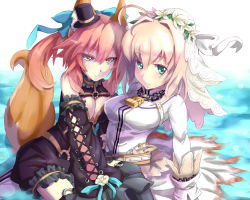 Rule 34 | 10s, 2girls, ahoge, animal ears, blonde hair, bow, breasts, cleavage, fate/extra, fate/extra ccc, fate (series), fox ears, fox tail, green eyes, hair bow, hair ribbon, hat, lock, long hair, looking at viewer, multiple girls, nero claudius (bride) (fate), nero claudius (fate), nero claudius (fate) (all), official alternate costume, padlock, pink hair, ribbon, short hair, smile, tail, tamamo no mae (fate/extra), tamamo no mae (sable mage) (fate), veil, water, yellow eyes, yude